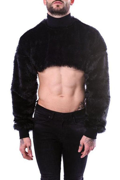 Faux Fur Long Sleeve Black Crop Top