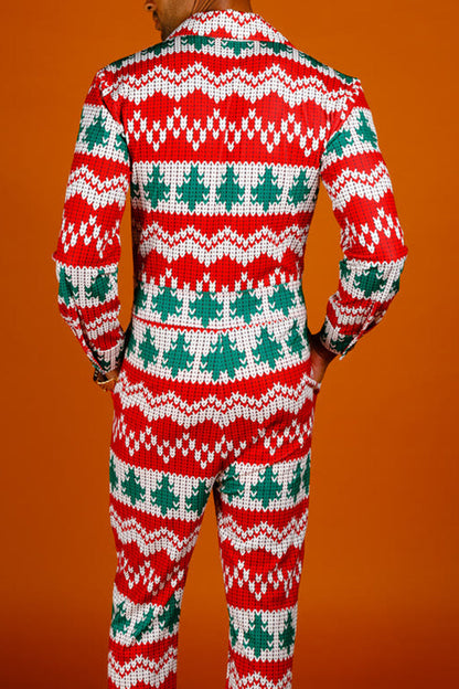 Christmas Tree Plaid Pajama Jumpsuit with Turndown Collar