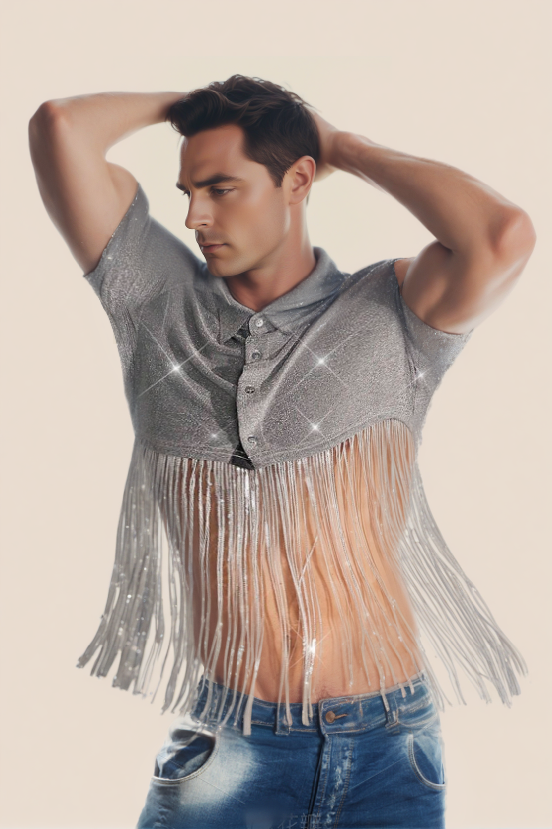 Men's Slim Fit Short Sleeve Metallic Fringe Shirt