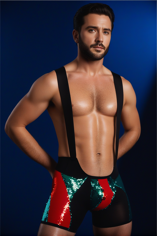 Fabpride Men's Green & Red Sequin Suspender Shorts