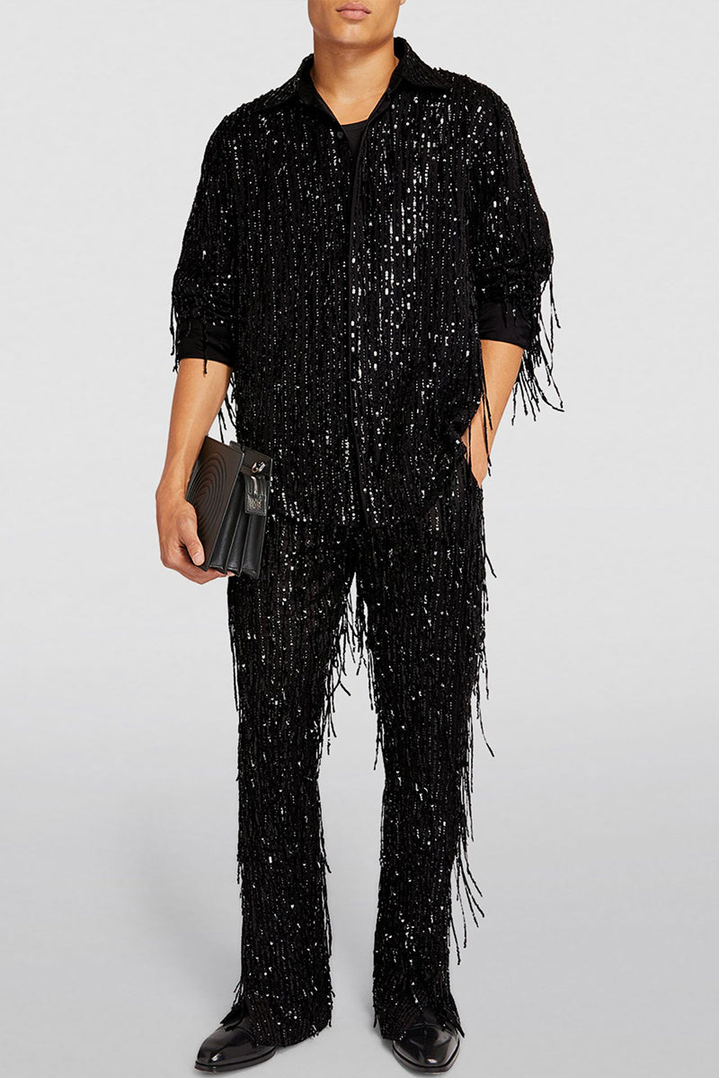 High-Waisted Sequin Fringe Wide-Leg Party Pants