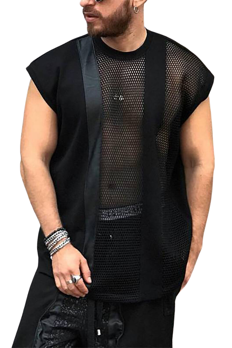 Men's Casual Mesh Patchwork See Through Round Neck Sleeveless T-Shirt