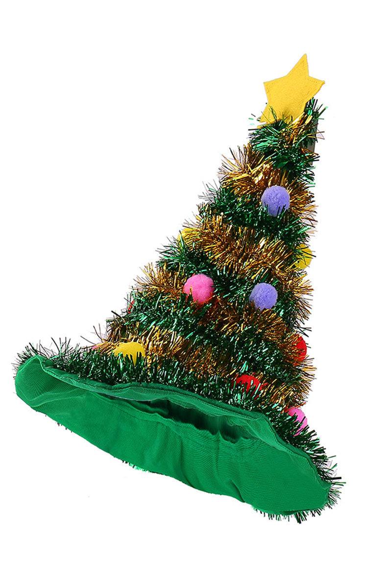 Christmas Tree Hat with Multicolor Tinsel and Star Decor