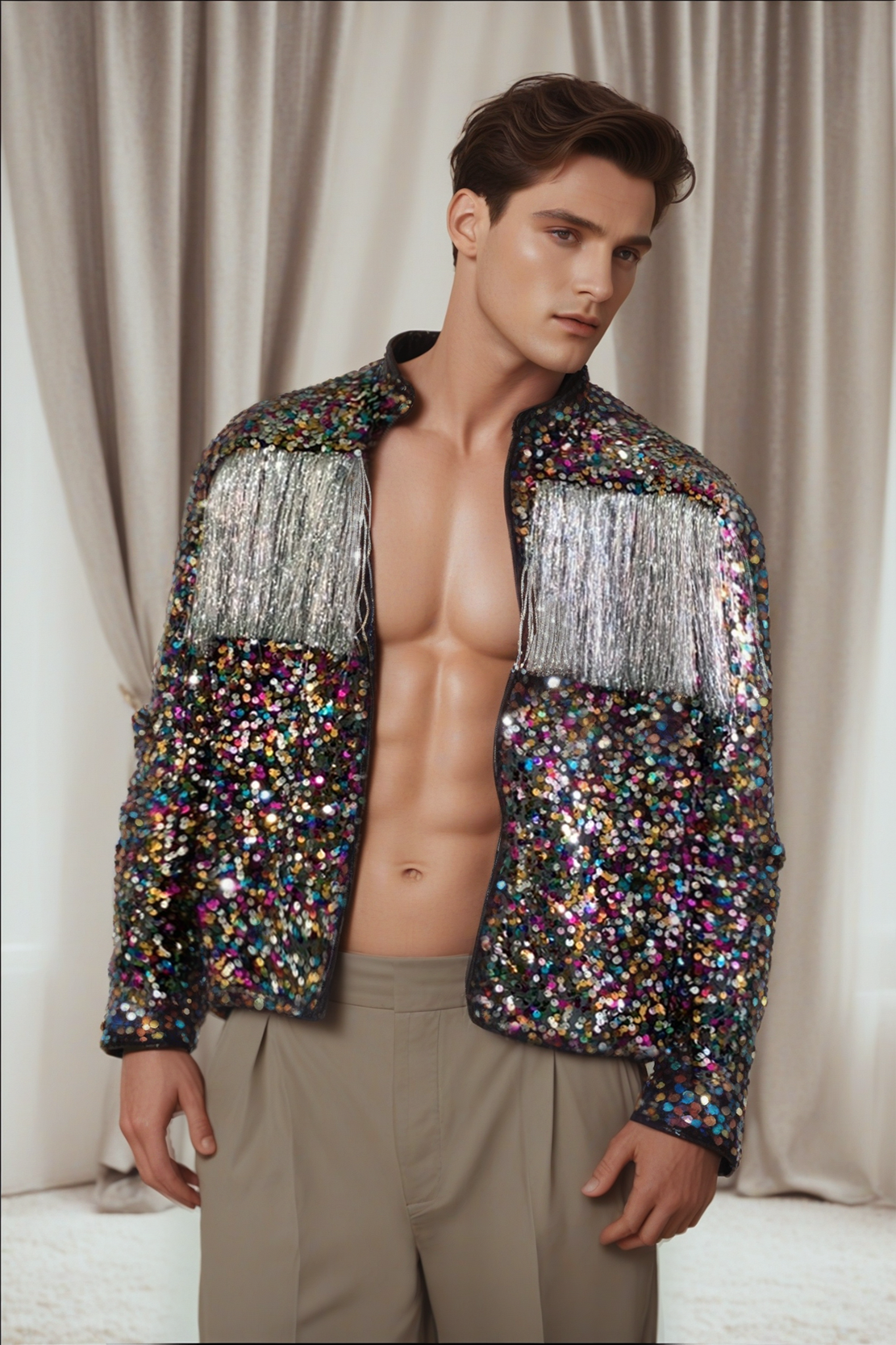 Fabpride Men's Multicolor Sequin Jacket with Fringe