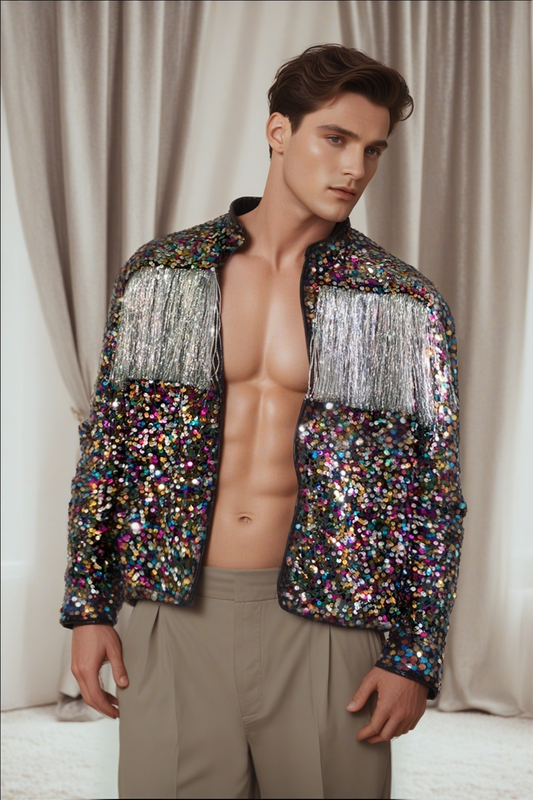 Fabpride Men's Multicolor Sequin Jacket with Fringe