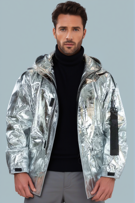 Men's Metallic Silver Hooded Jacket