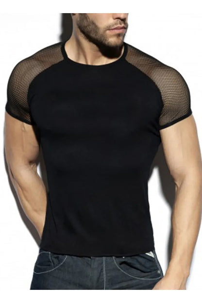 Sheer Mesh Patchwork Short Sleeve Round Neck T-Shirt