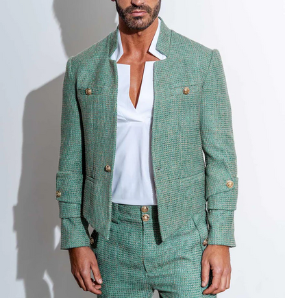 Stylish Green Textured Suit Set with Gold Accents