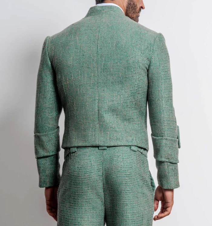 Stylish Green Textured Suit Set with Gold Accents