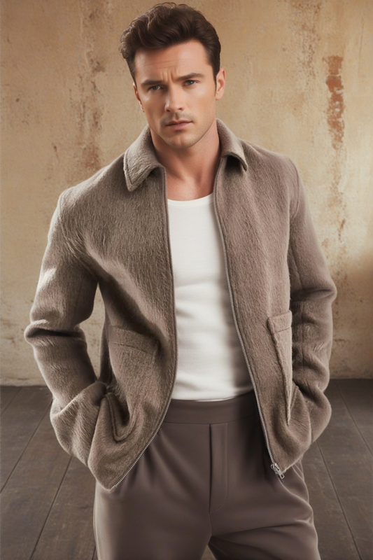 Men's Chic Brown Textured Jacket with Zipper Closure