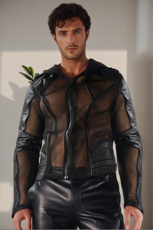 Chic Sheer Mesh Jacket with Edgy Leather Trim