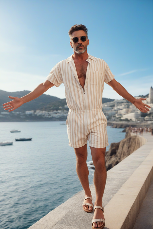 Men's Stripe Print Drawstring Romper