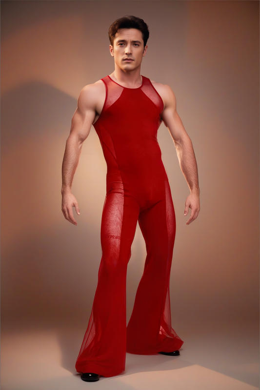 Sheer Elegance Men's Jumpsuit with Bold Sleeveless Design and Flared Pants