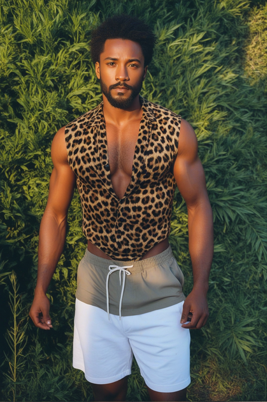 Men's Leopard Print Lace-Up Deep V-Neck Tank Top