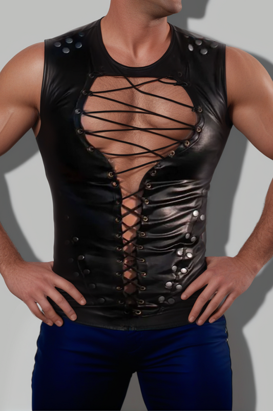 Fabpride Men's Lace-Up Faux Leather Tank Top