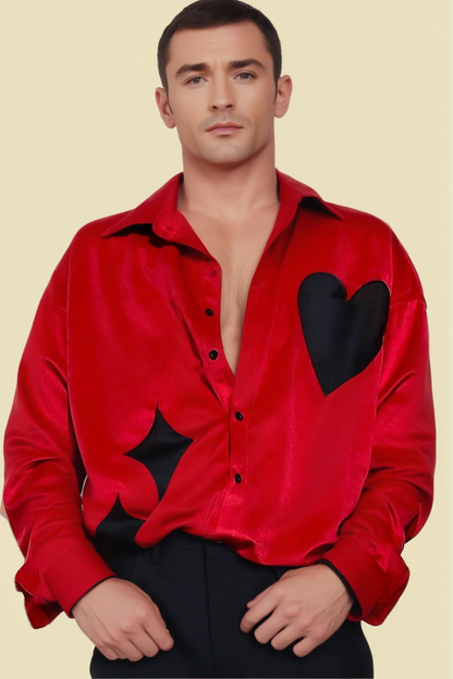 Men's Red Satin Shirt with Bold Heart Details