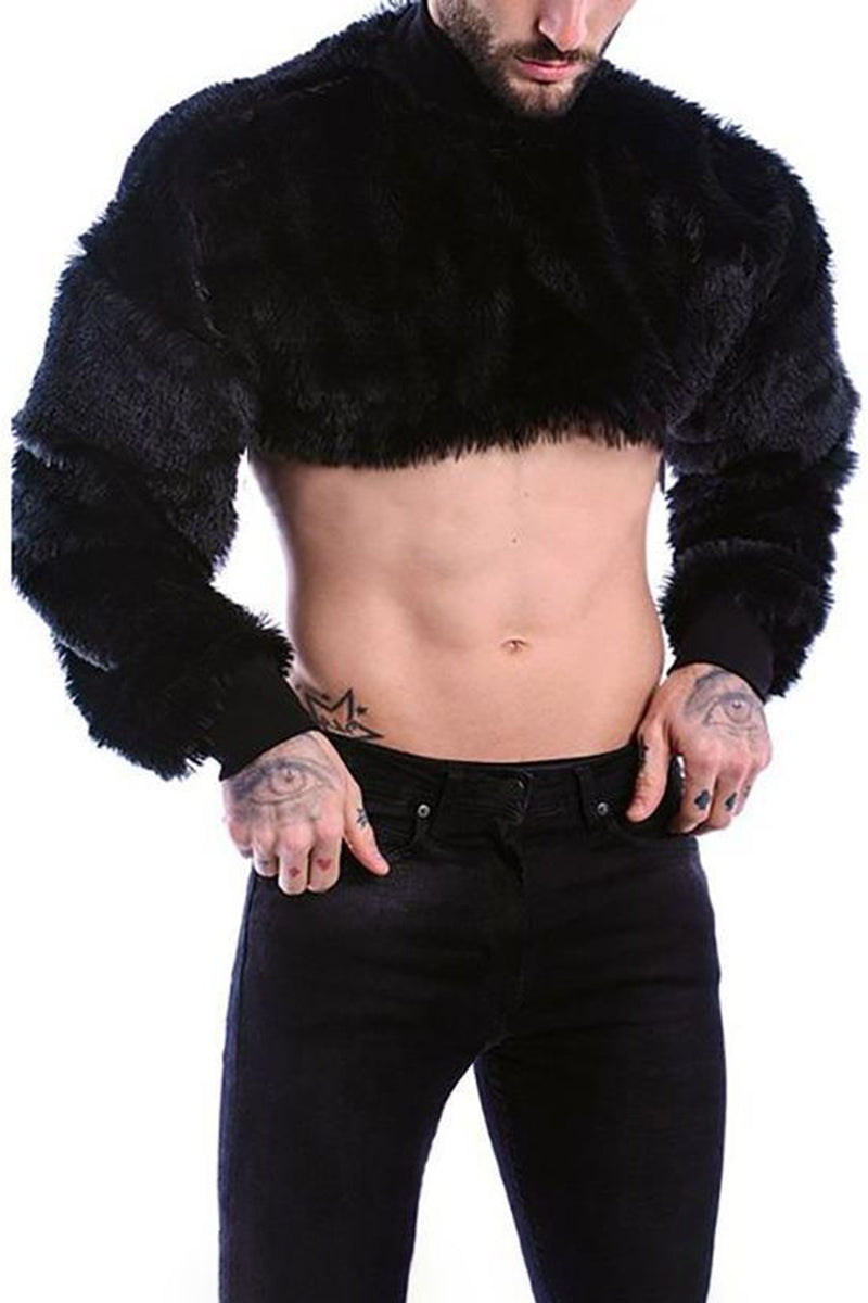 Faux Fur Long Sleeve Black Crop Top