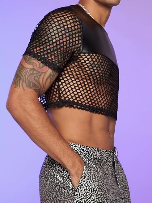 Men's Fishnet Panel Crop Top