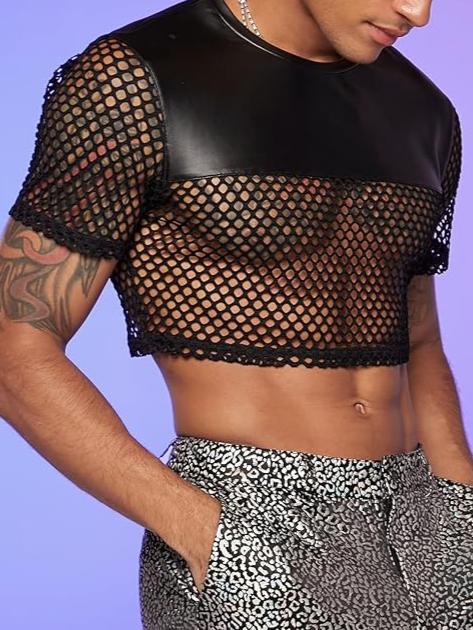 Men's Fishnet Panel Crop Top