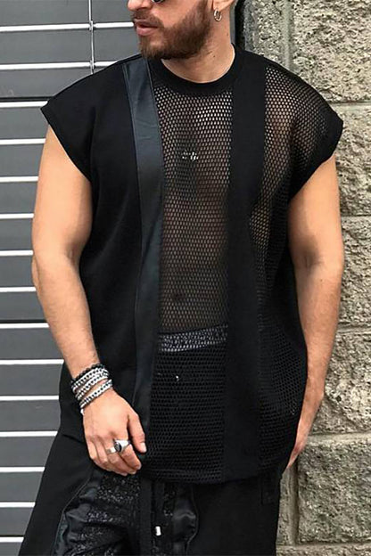 Men's Casual Mesh Patchwork See Through Round Neck Sleeveless T-Shirt