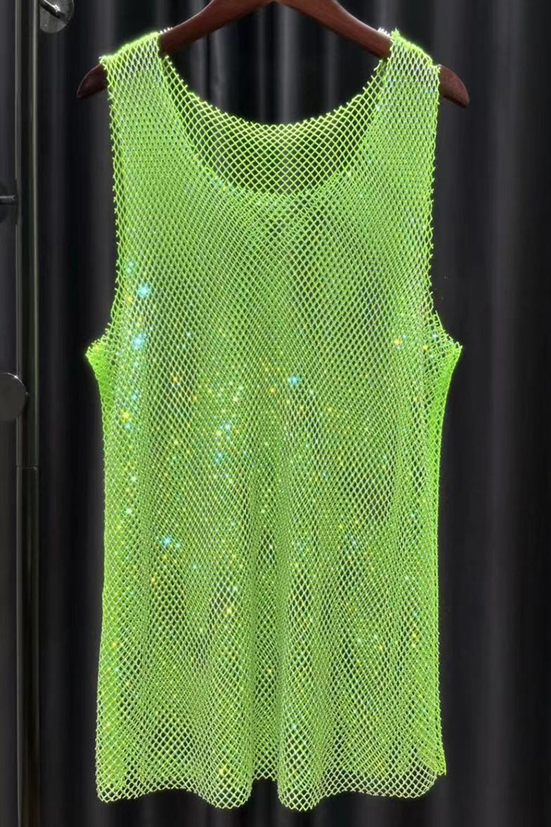 Unisex Shiny Mesh Rhinestone Raw Cut Festival Tank Top