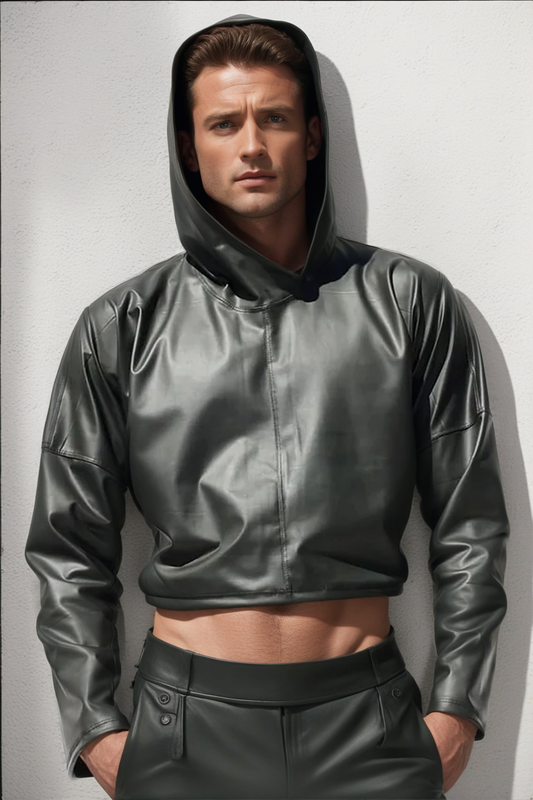 Sleek Black Long Sleeve Leather Hoodie for Men