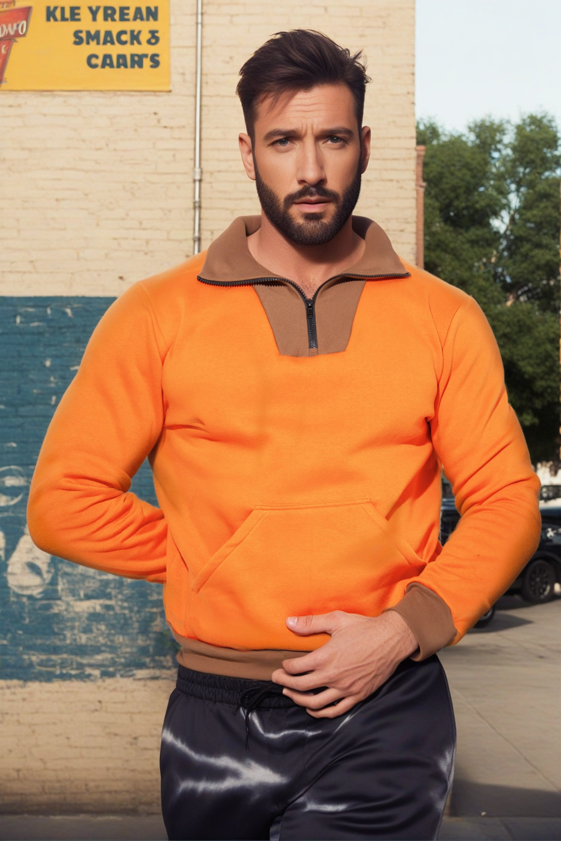 Fabpride Men’s Orange Sweatshirt with Kangaroo Pocket