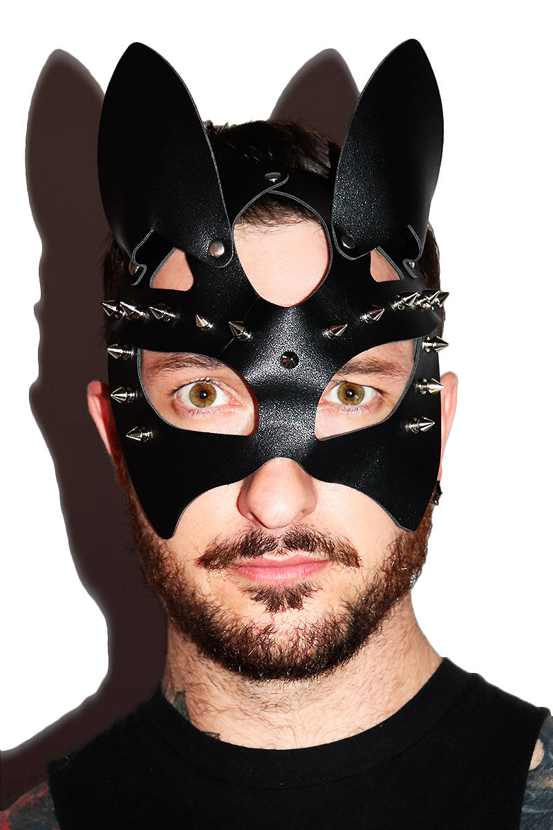 Halloween Cat Half Face Mask in PU Leather with Metal Rivets