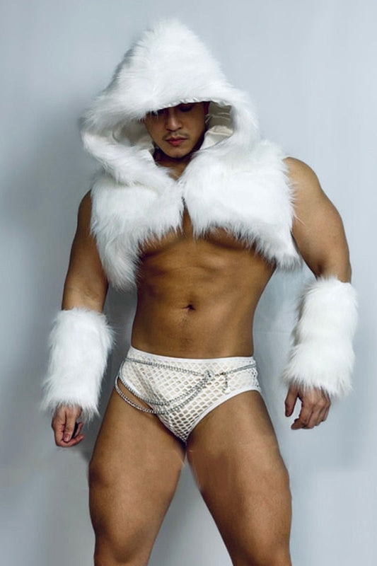 Festive Faux Fur Hooded Crop Vest with Briefs