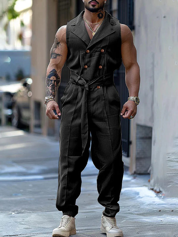 Mens Double-Breasted Solid Color Sleeveless Jumpsuit