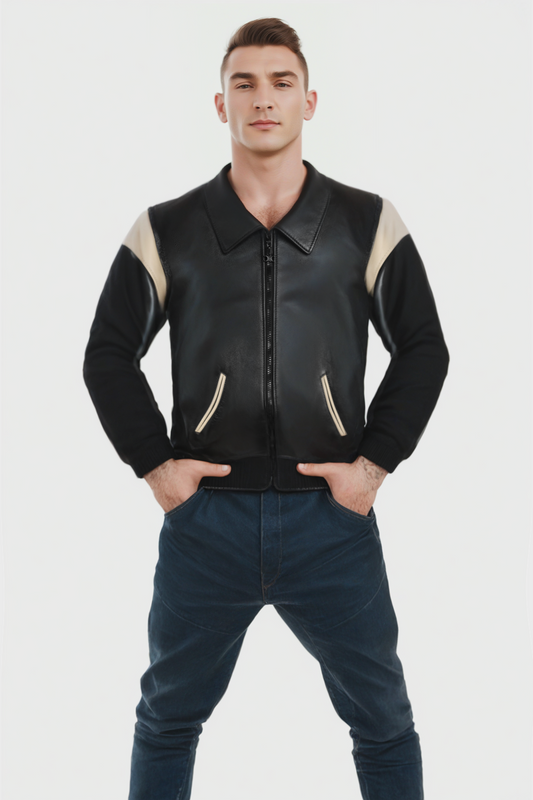 Contemporary Black Leather Bomber with Color Block Detail