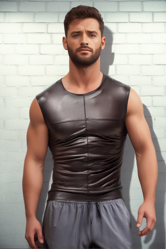 Brown Sleeveless Turtleneck Leather Vest for Men