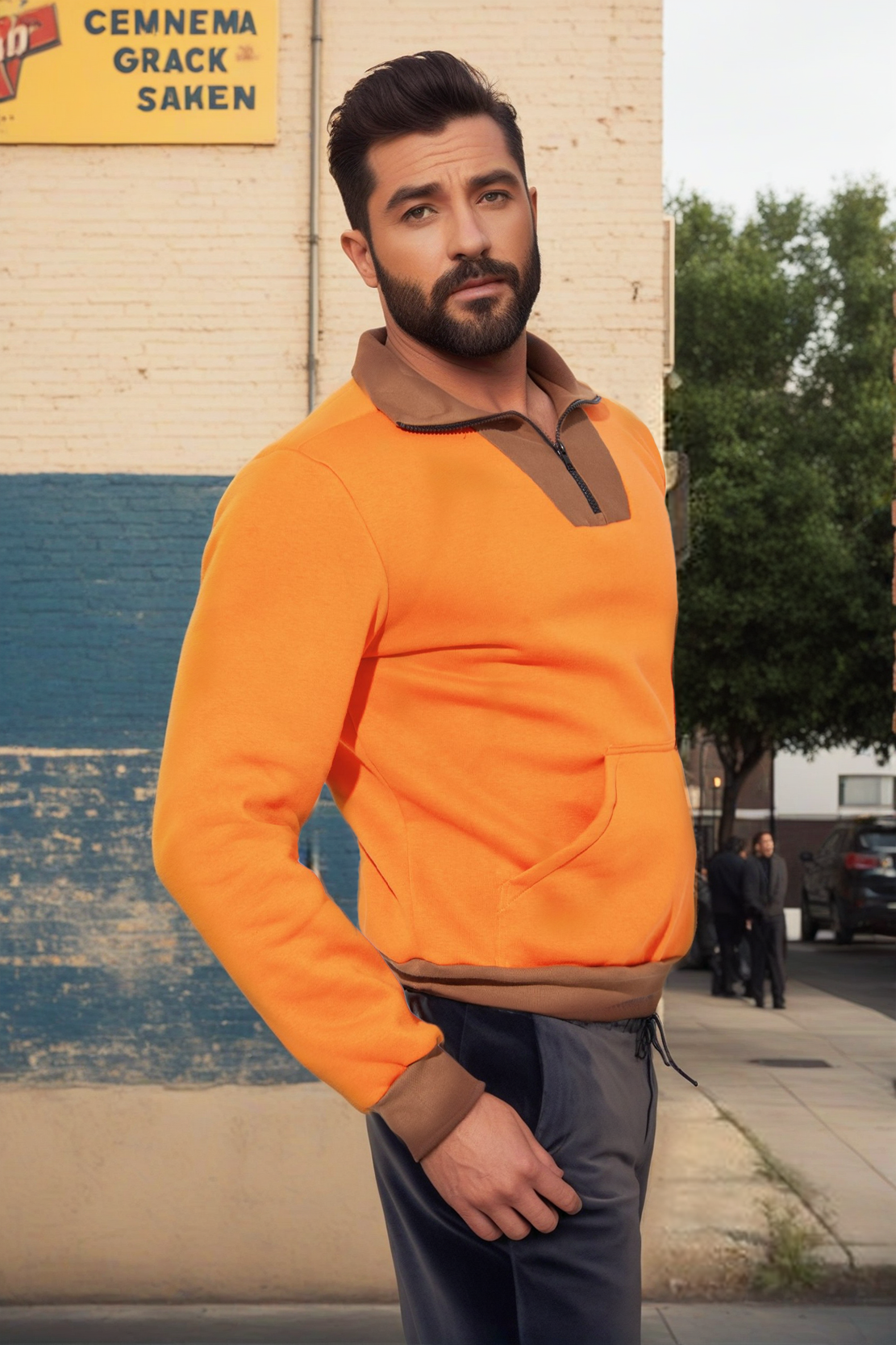 Fabpride Men’s Orange Sweatshirt with Kangaroo Pocket