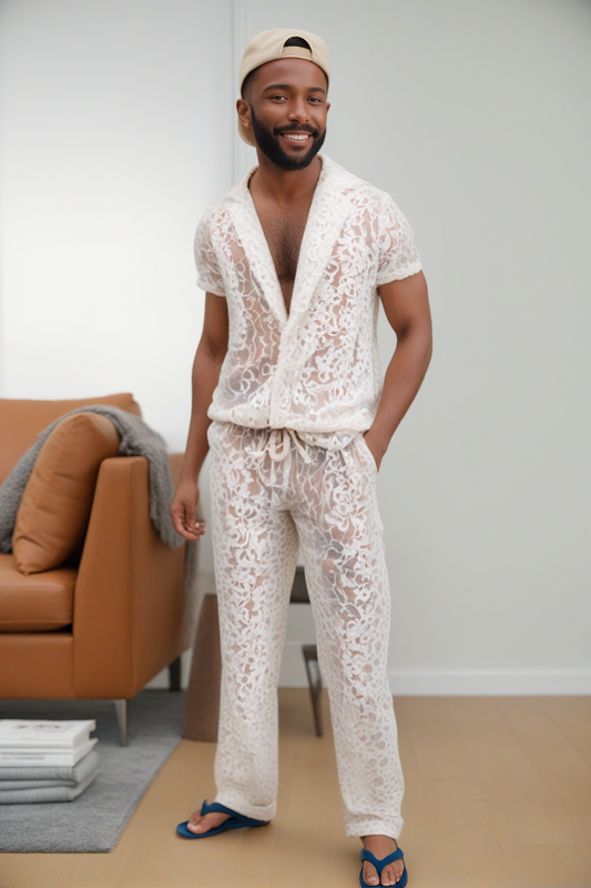 Men's Lace See-Through Shirt & Wide Leg Pants Two-Piece Set