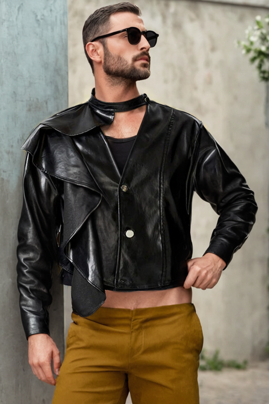 Fabpride Men's Faux Leather Cropped Long-Sleeve Jacket