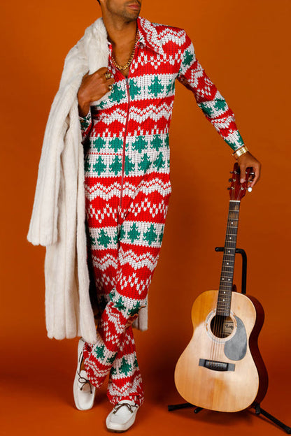 Christmas Tree Plaid Pajama Jumpsuit with Turndown Collar