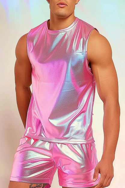 Shiny Pink Metallic Tank and Shorts Festival Outfit