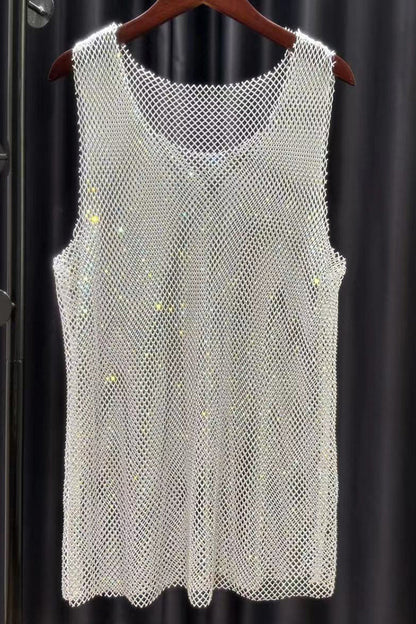 Unisex Shiny Mesh Rhinestone Raw Cut Festival Tank Top