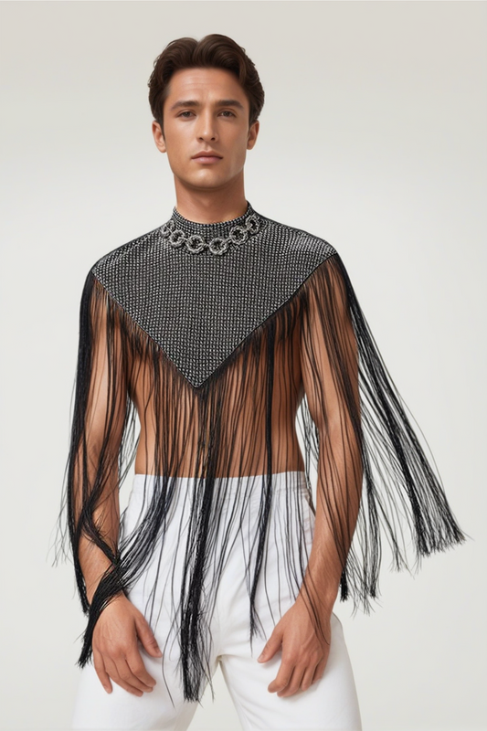 Men's Fringed Glitter Triangle Turtleneck Cape Cloak for Evening Club Party