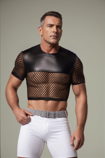 Men's Fishnet Panel Crop Top