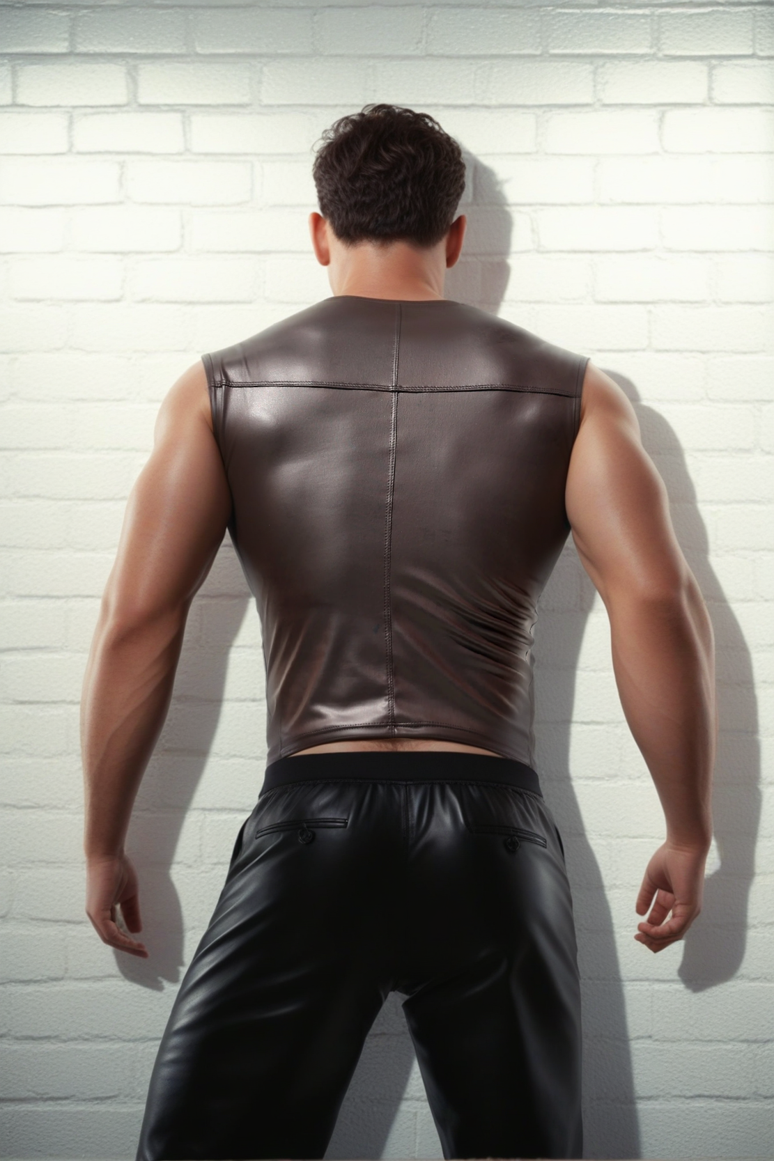 Brown Sleeveless Turtleneck Leather Vest for Men