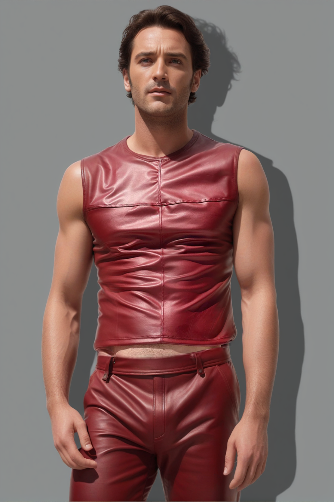 Men's Red Leather T-Neck Vest