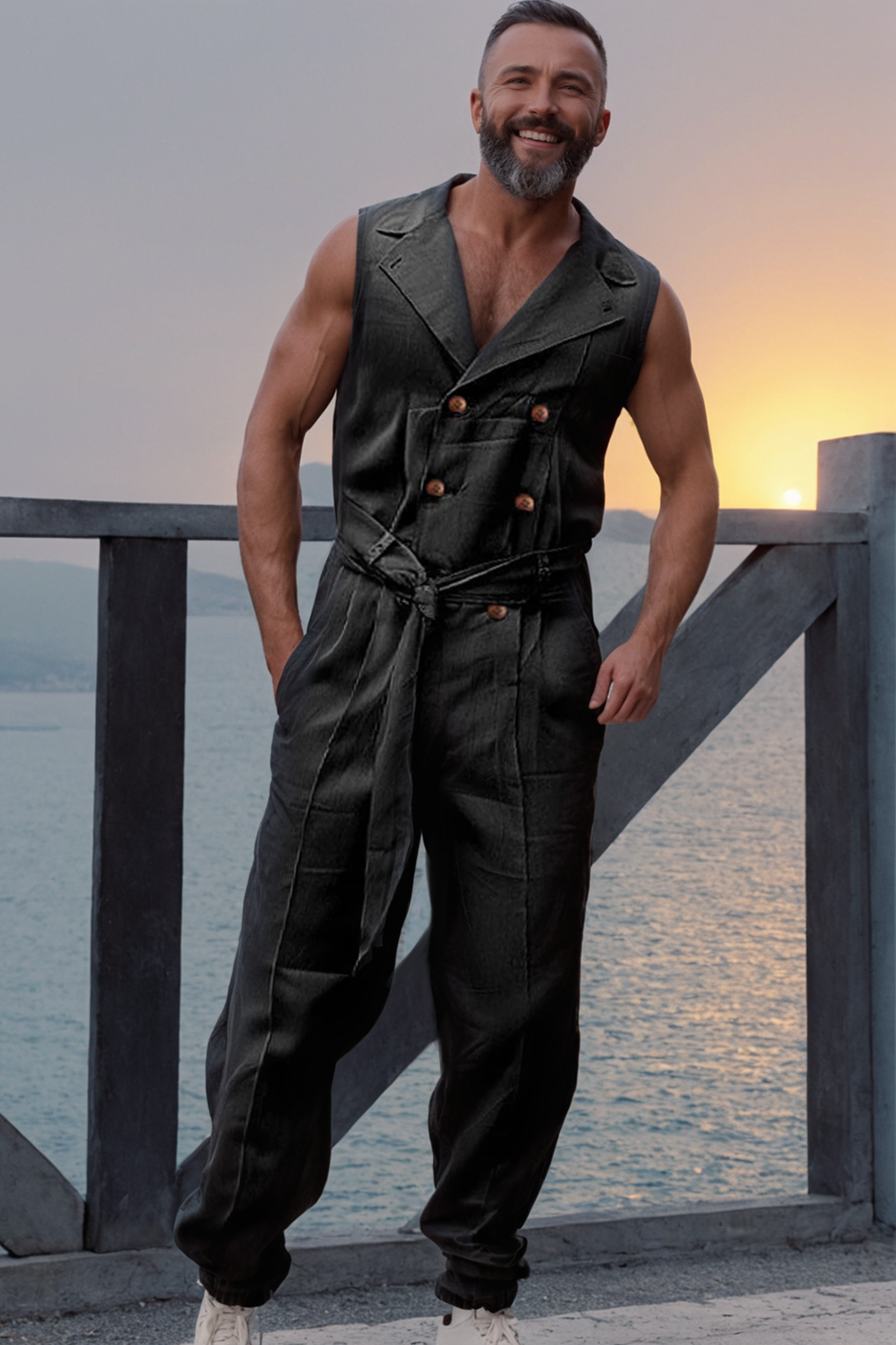 Mens Double-Breasted Solid Color Sleeveless Jumpsuit