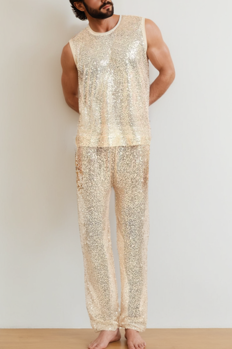 Dazzling Men's Sequin See-Through Tank Top & Wide Leg Pants Set