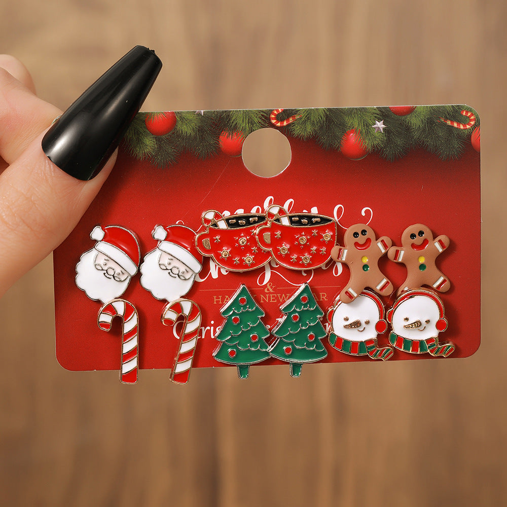 New Women's Christmas Earring Set - Creative Cartoon Reindeer, Snowflake, and Santa Claus Studs.