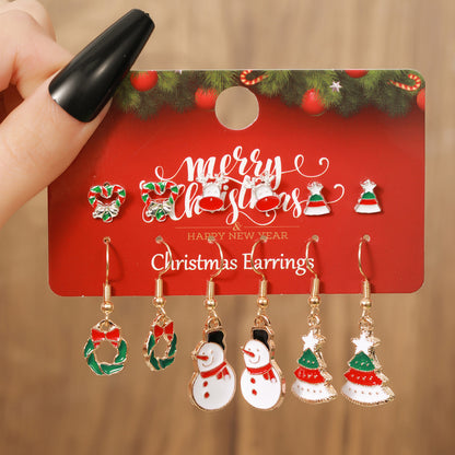 New Women's Christmas Earring Set - Creative Cartoon Reindeer, Snowflake, and Santa Claus Studs.