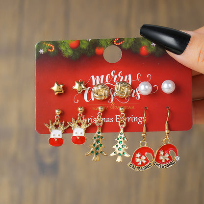 New Women's Christmas Earring Set - Creative Cartoon Reindeer, Snowflake, and Santa Claus Studs.