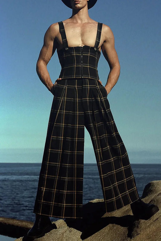 Plaid Two-Piece Set with Zipper Top and Wide-Leg Pants