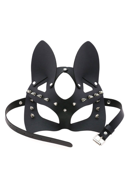 Halloween Cat Half Face Mask in PU Leather with Metal Rivets