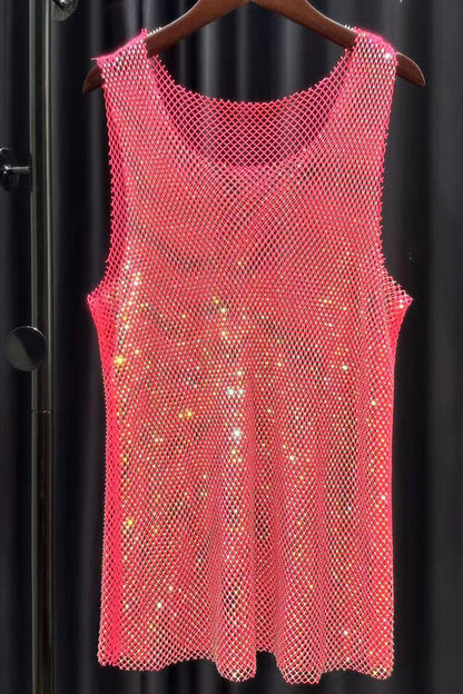 Unisex Shiny Mesh Rhinestone Raw Cut Festival Tank Top